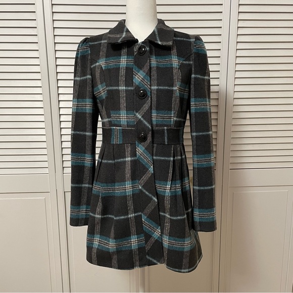 Tulle Anthropologie M Peacoat Plaid Grey Blue J8003F Jacket Coat Pockets - Picture 2 of 16